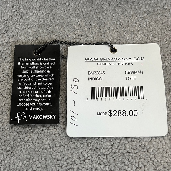 B. Makowsky indigo blue, Genuine Leather Tote with Silver Chain Detailing - Picture 3 of 14